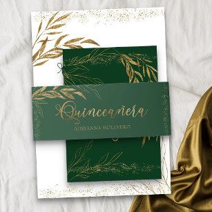 Emerald Green Gold Leaf and Confetti Quinceanera Invitation Belly Band