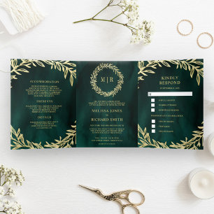 Emerald Green Gold Leaf Branch All in One Wedding Tri-Fold Invitation