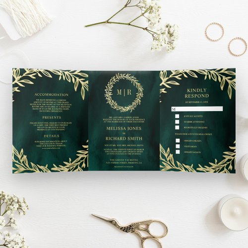 Emerald Green Gold Leaf Branch All in One Wedding Tri_Fold Invitation