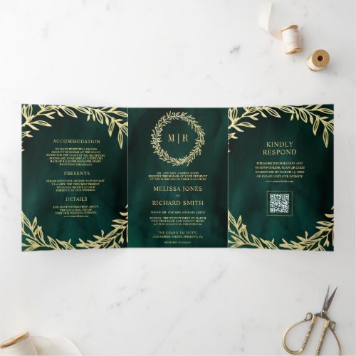 Emerald Green Gold Leaf Branch QR Code Wedding Tri-Fold Invitation