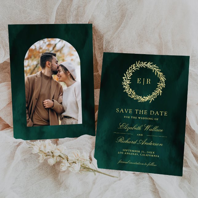 Emerald Green Gold Leaf Branch Wedding Photo Save The Date (Creator Uploaded)