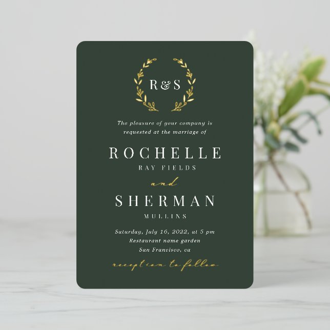 Emerald Green Gold Leaf Simple Monogram Wedding In Foil Invitation (Standing Front)