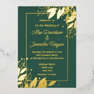 emerald green gold leaves botanical chic wedding foil invitation
