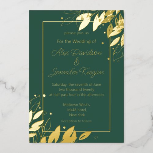 emerald green gold leaves botanical chic wedding foil invitation