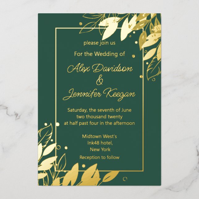 emerald green gold leaves botanical chic wedding foil invitation (Front)
