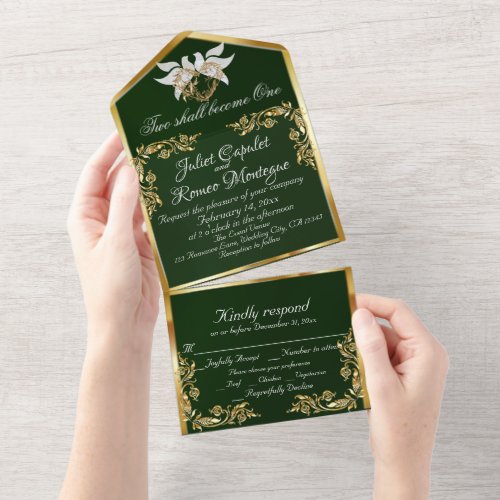 Emerald Green Gold Leaves Doves  Heart All In One Invitation