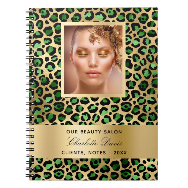 Emerald green gold leopard beauty salon business notebook (Front)