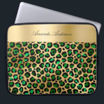 Emerald green gold leopard black pattern name laptop sleeve<br><div class="desc">Emerald green and faux gold leopard pattern as background.  Personalize and add your name. The name is written with an elegant and modern hand lettered style script.</div>