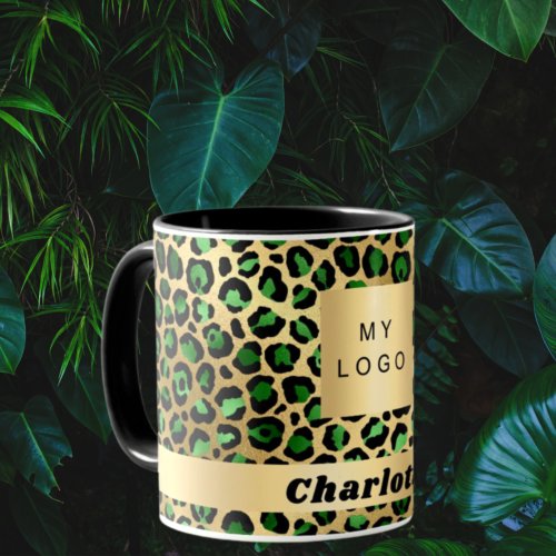 Emerald green gold leopard cheetah business logo mug