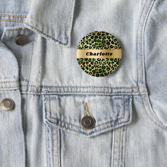 Emerald green gold leopard cheetah pattern name button (In Situ)