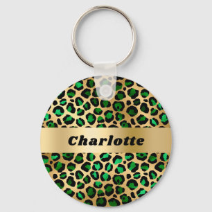Emerald green gold leopard cheetah pattern name keychain