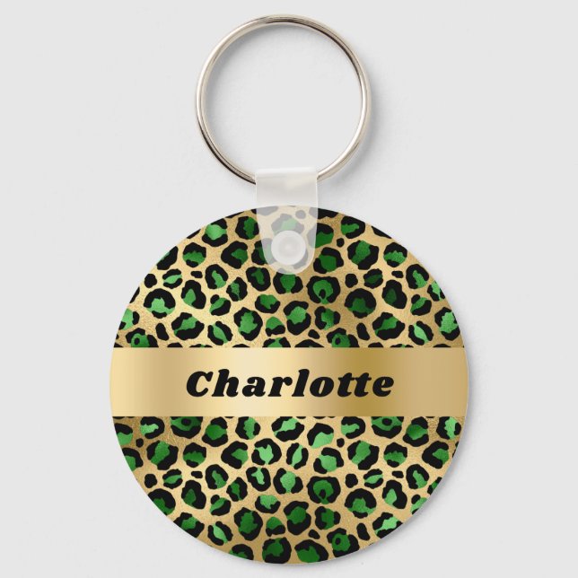 Emerald green gold leopard cheetah pattern name keychain (Front)