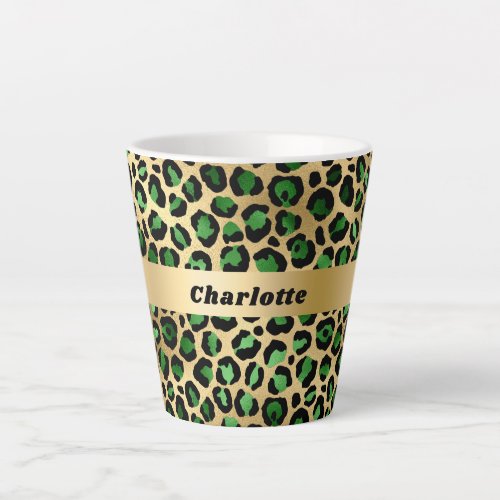 Emerald green gold leopard cheetah pattern name latte mug