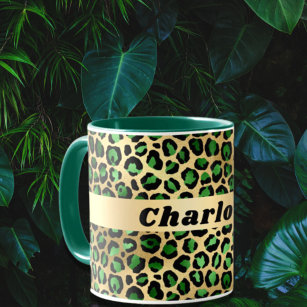 Emerald green gold leopard cheetah pattern name mug