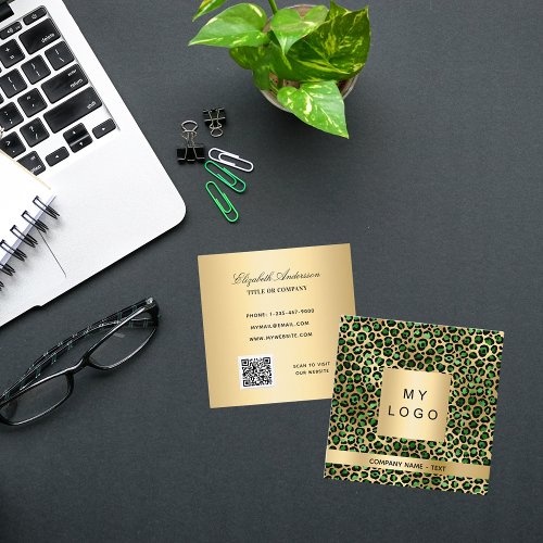 Emerald green gold leopard logo QR code Square Business Card