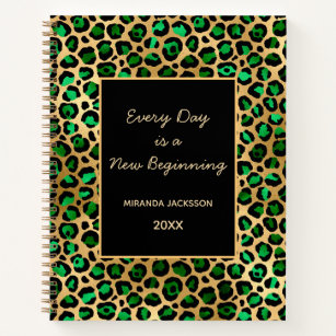 Emerald green gold leopard motivational name notebook