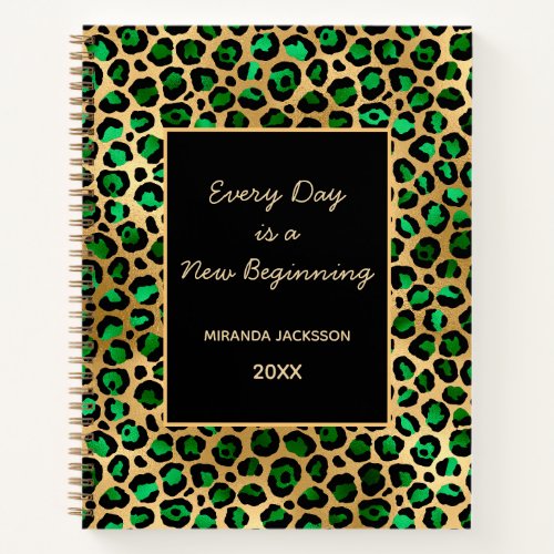 Emerald green gold leopard motivational name notebook