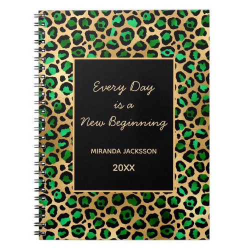 Emerald green gold leopard motivational notebook