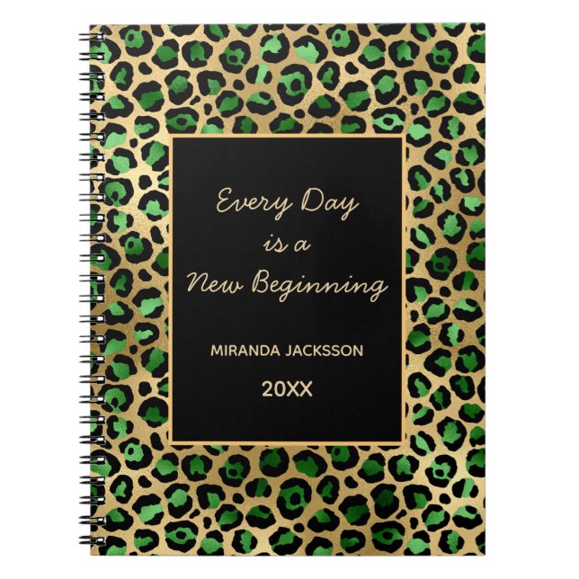 Emerald green gold leopard motivational notebook (Front)
