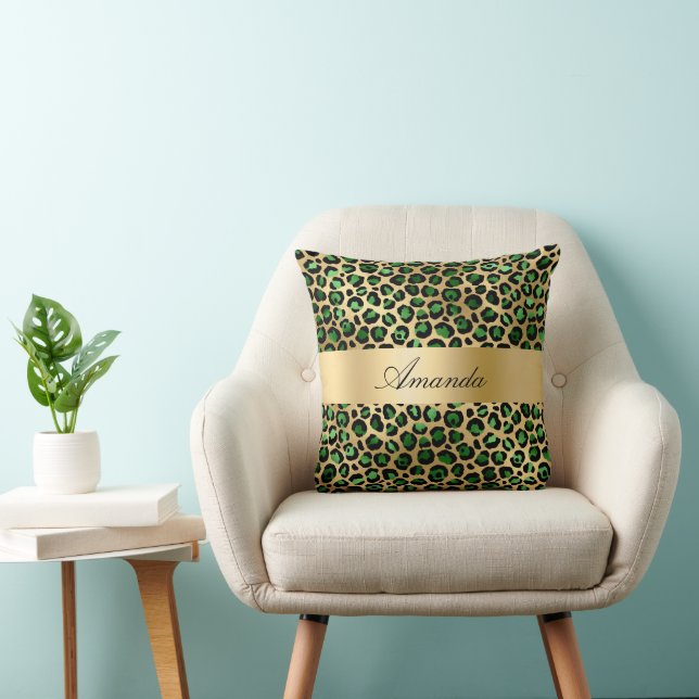 Emerald green gold leopard name elegant script throw pillow (Chair)