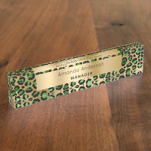 Emerald green gold leopard pattern desk name plate