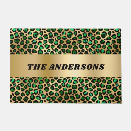 Emerald green gold leopard pattern family name doormat