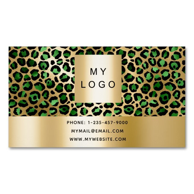 Emerald green gold leopard pattern logo business card magnet (Front)