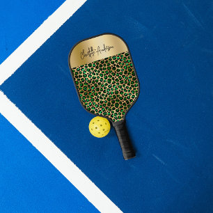 Emerald green gold leopard pattern name script carbon fiber pickleball paddle