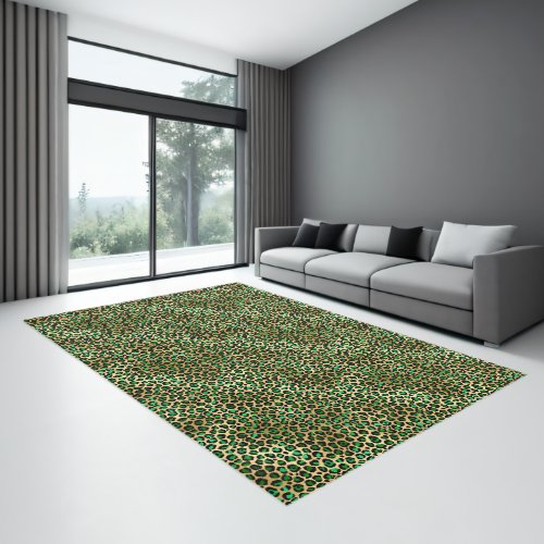 Emerald green gold leopard pattern rug