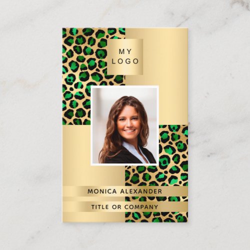 Emerald green gold leopard photo logo QR code Business Card