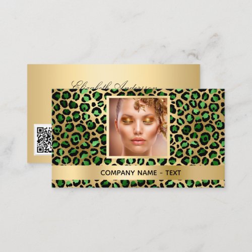 Emerald green gold leopard photo QR code Business Card