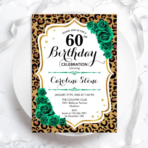 Emerald Green Gold Leopard Print 60th Birthday Invitation