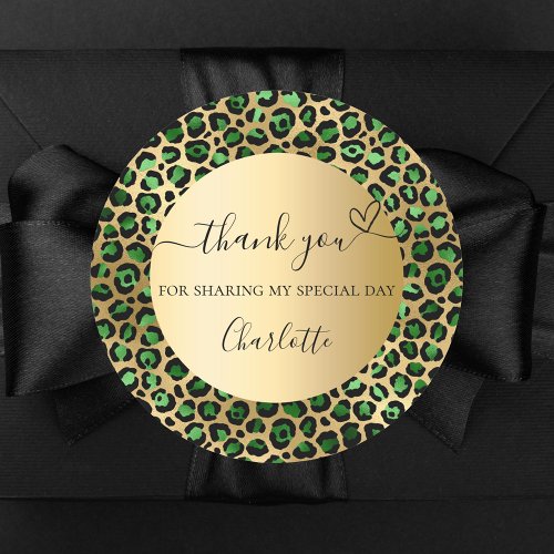 Emerald green gold leopard thank you classic round sticker