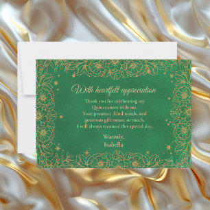 Emerald Green Gold Line Art Floral Quinceañera RSVP Card