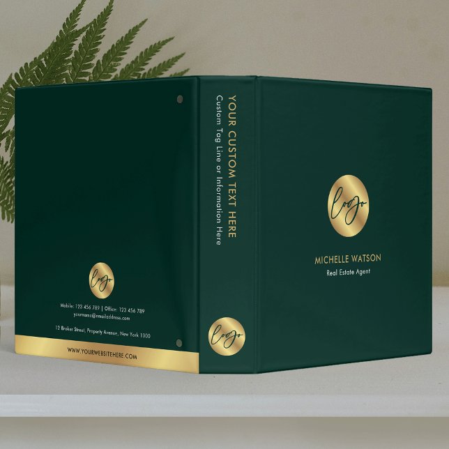 Emerald Green & Gold Logo Business Branded 3 Ring Binder (Emerald green and gold branded ring binder with your logo and contact details)