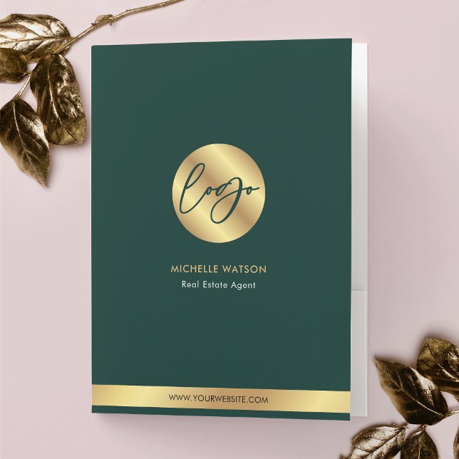 Emerald Green & Gold Logo Estate Agent Branded Pocket Folder (Emerald green and gold business logo corporate pocket folder)