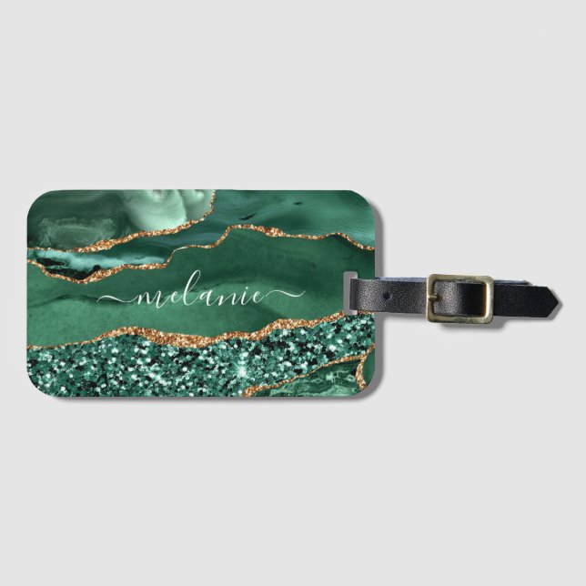 Emerald Green Gold Luggage Tag with Custom Name (Front Horizontal)