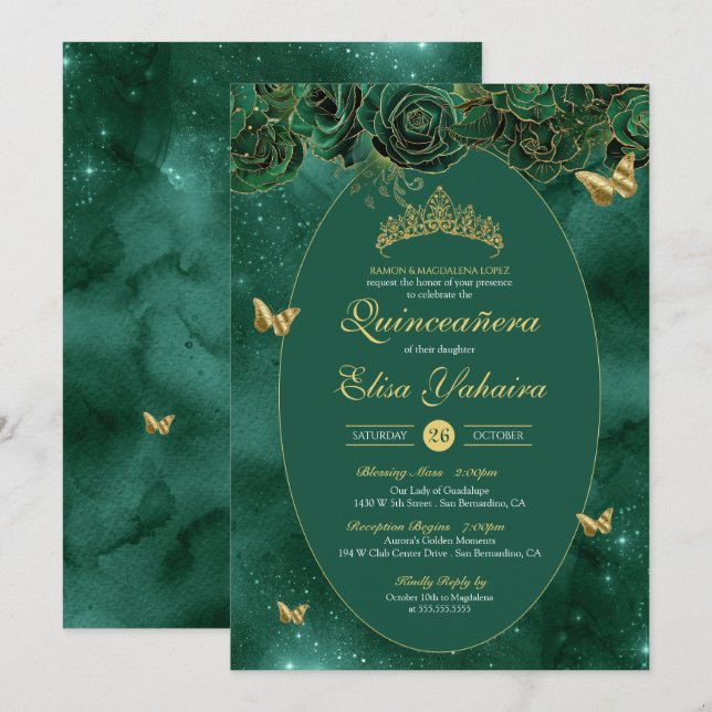 Emerald Green Gold Luxury Butterfly Quinceanera Invitation (Front/Back)