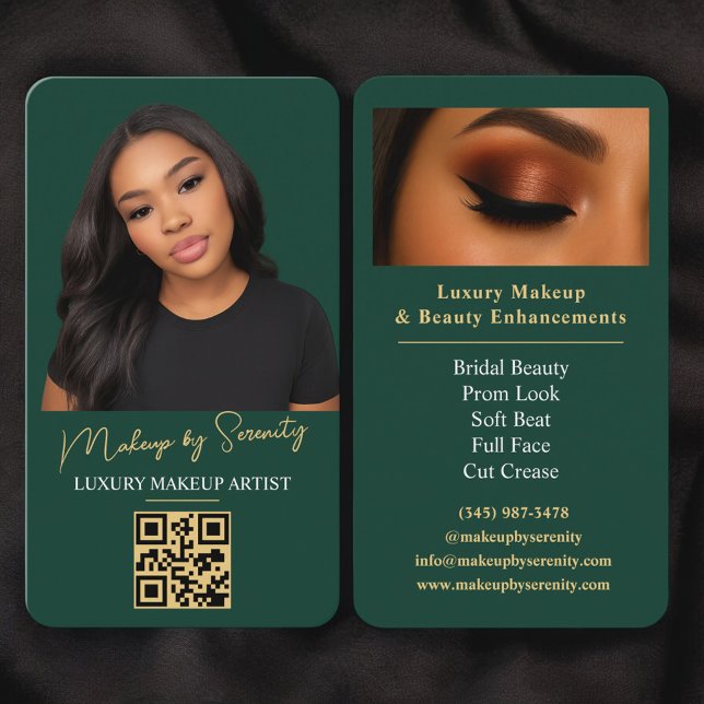 Emerald Green Gold Makeup Artist QR Code Beauty Business Card (Creator Uploaded)