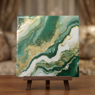 Emerald Green & Gold Marble Agate Abstract Ceramic Tile