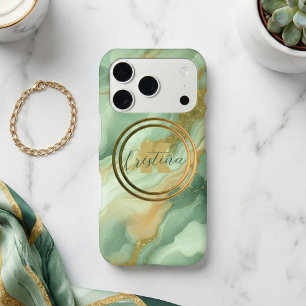 Emerald Green Gold Marble Agate Glitter Monogram iPhone 17 Pro Case