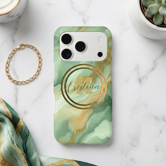 Emerald Green Gold Marble Agate Glitter Monogram Iphone Case (Creator Uploaded)