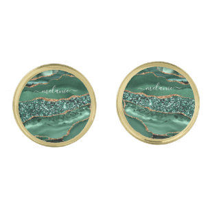 Emerald Green Gold Marble Cufflinks Custom Name