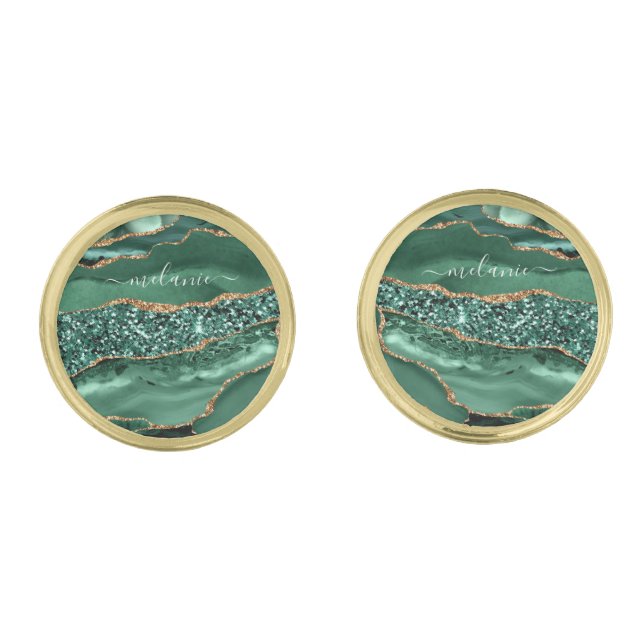 Emerald Green Gold Marble Cufflinks Custom Name (Front)