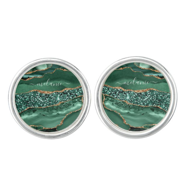 Emerald Green Gold Marble Custom Name Cufflinks (Front)