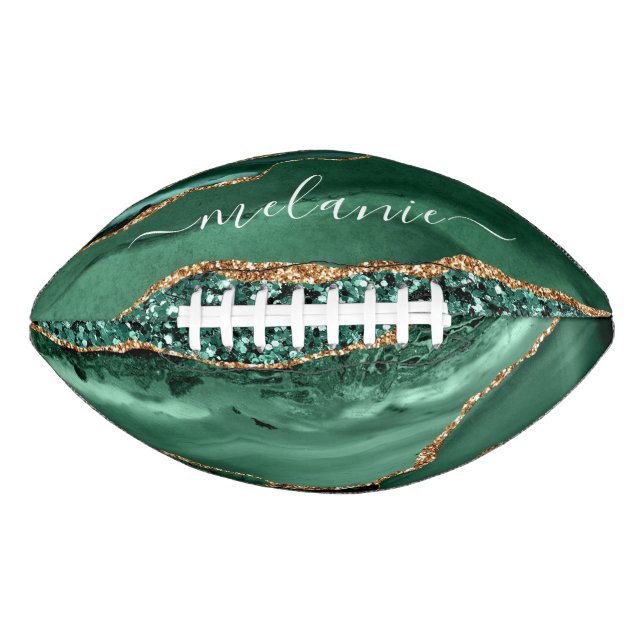 Emerald Green Gold Marble Custom Name Football (Front)
