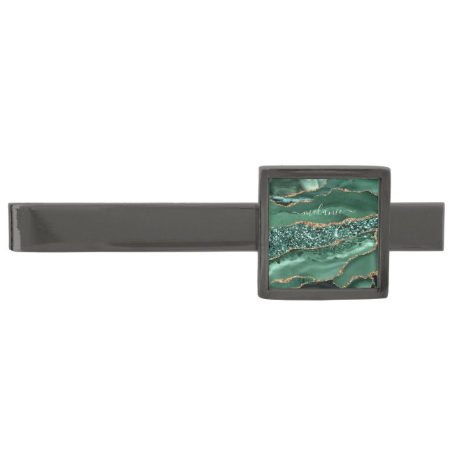 Emerald Green Gold Marble Custom Name Tie Bar (Front)