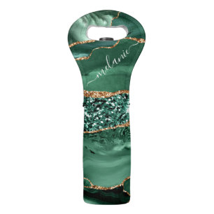 Emerald Green Gold Marble Custom Name Wine Bag