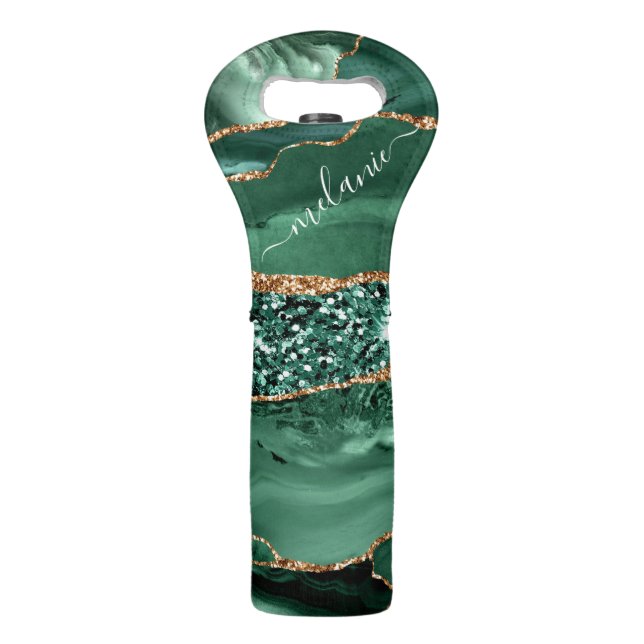 Emerald Green Gold Marble Custom Name Wine Bag (Front)