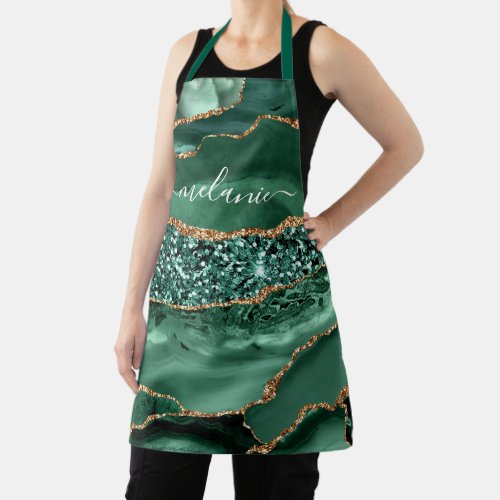 Emerald Green Gold Marble Custom Text Name Apron